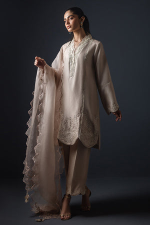 Light Beige Embroidered Silk Salwar Kameez (3-Piece) - Image 2