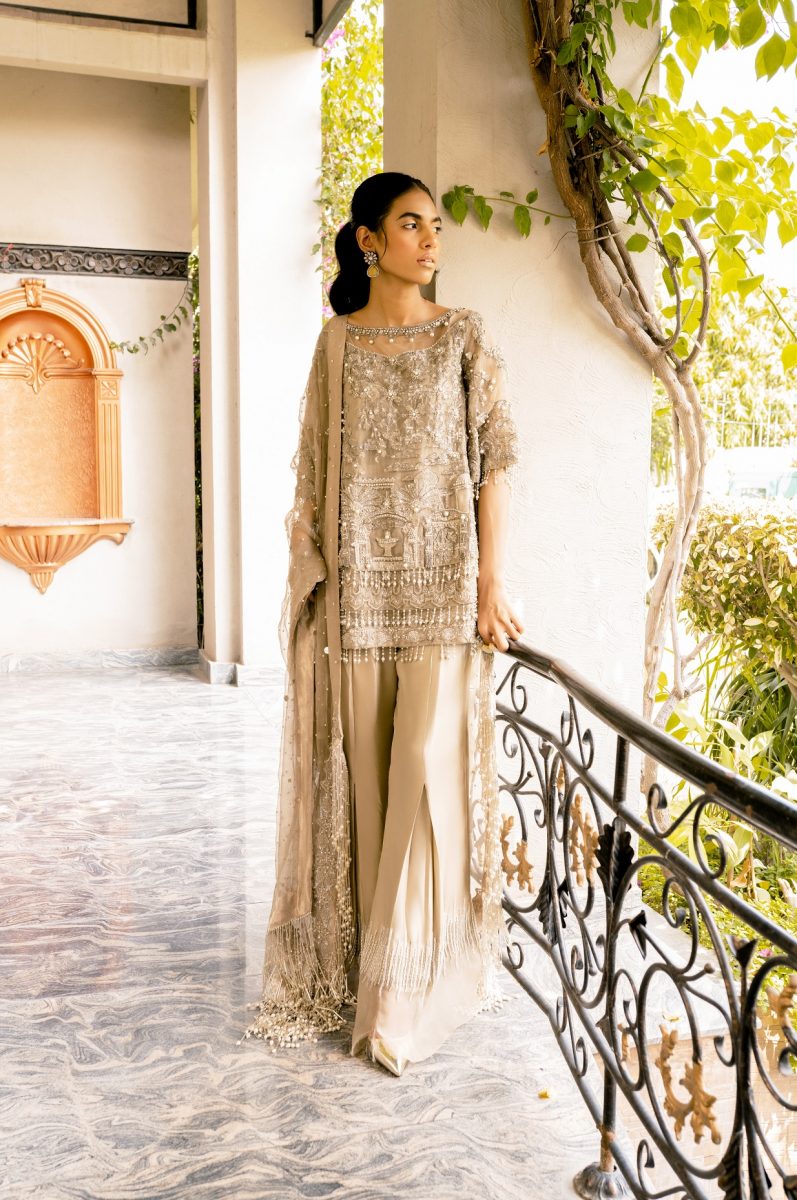 Pakistani Light Beige Zardozi Medium Silk Salwar Kameez (3-Piece) - Image 3
