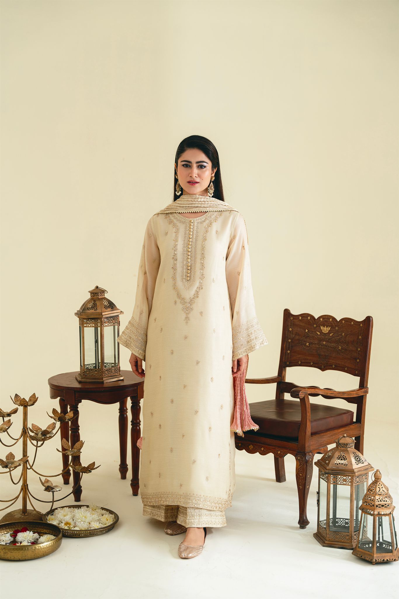 Pakistani Beige Zari Embroidered Silk Kurta Set (3-Piece) - Image 1