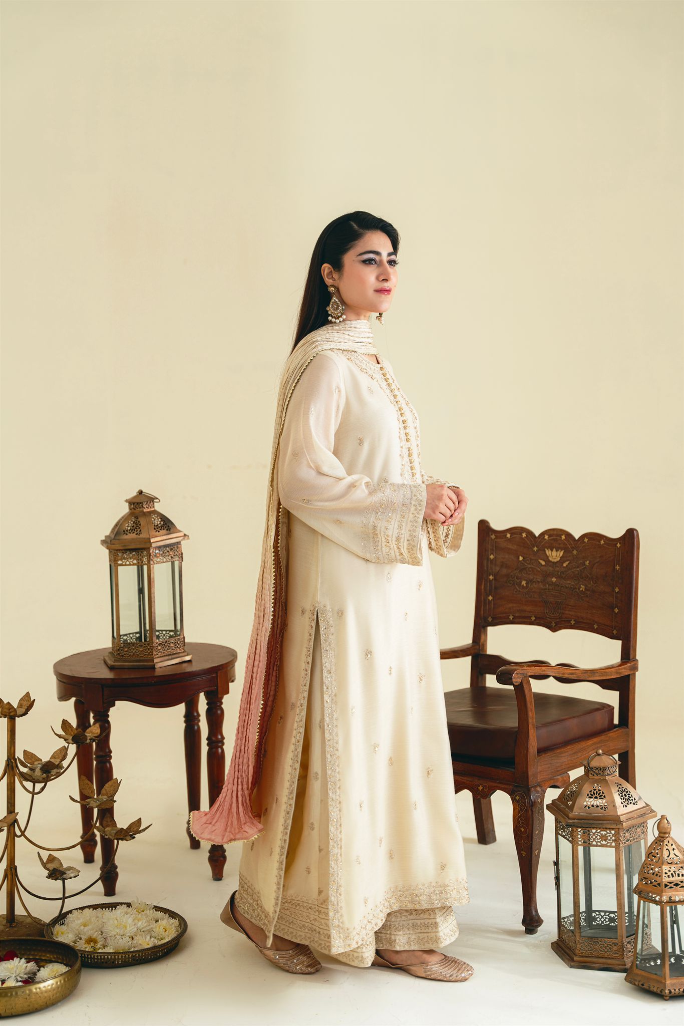Pakistani Beige Zari Embroidered Silk Kurta Set (3-Piece) - Image 2