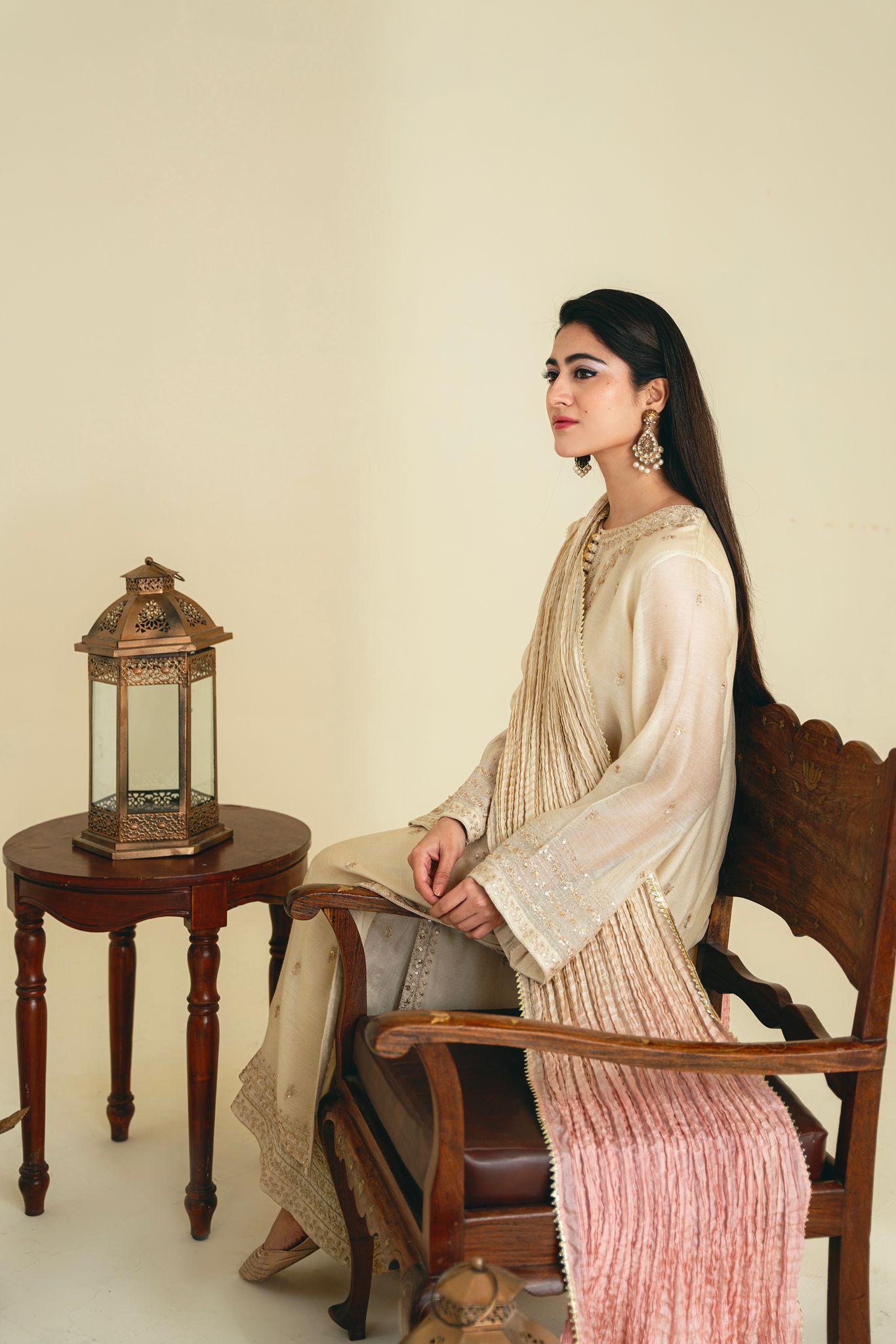 Pakistani Beige Zari Embroidered Silk Kurta Set (3-Piece) - Image 3
