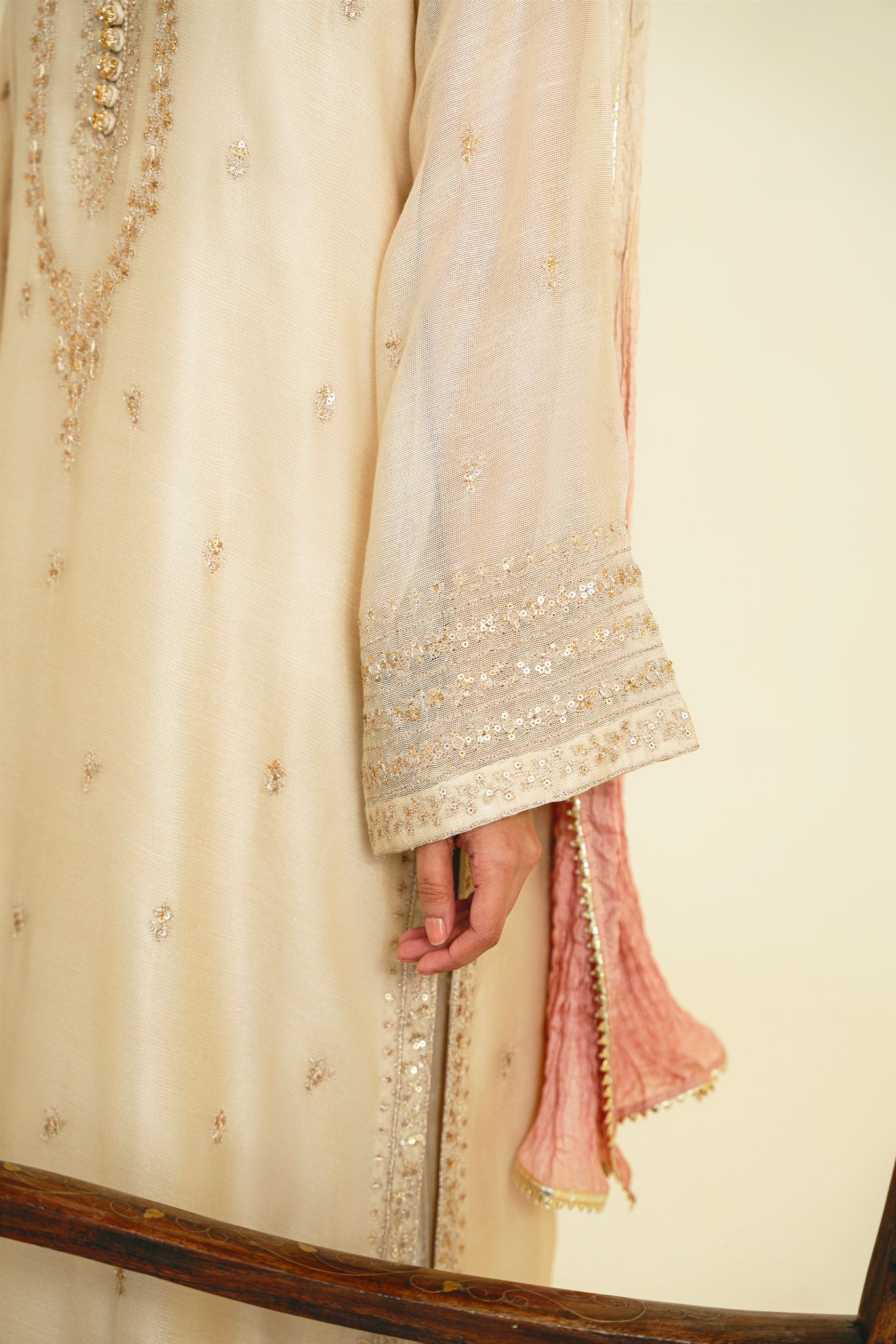 Pakistani Beige Zari Embroidered Silk Kurta Set (3-Piece) - Image 4