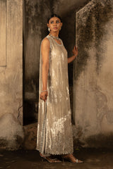 Pakistani Nude Embellished Velvet Halter-Neck Shirt (2-Piece) - Image 5