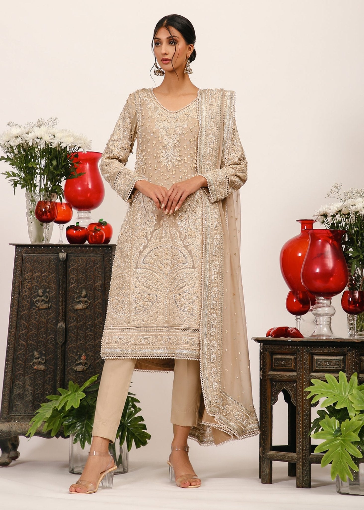 Beige Embroidered Zari Net & Georgette Kurta Set (3-Piece) - Image 1
