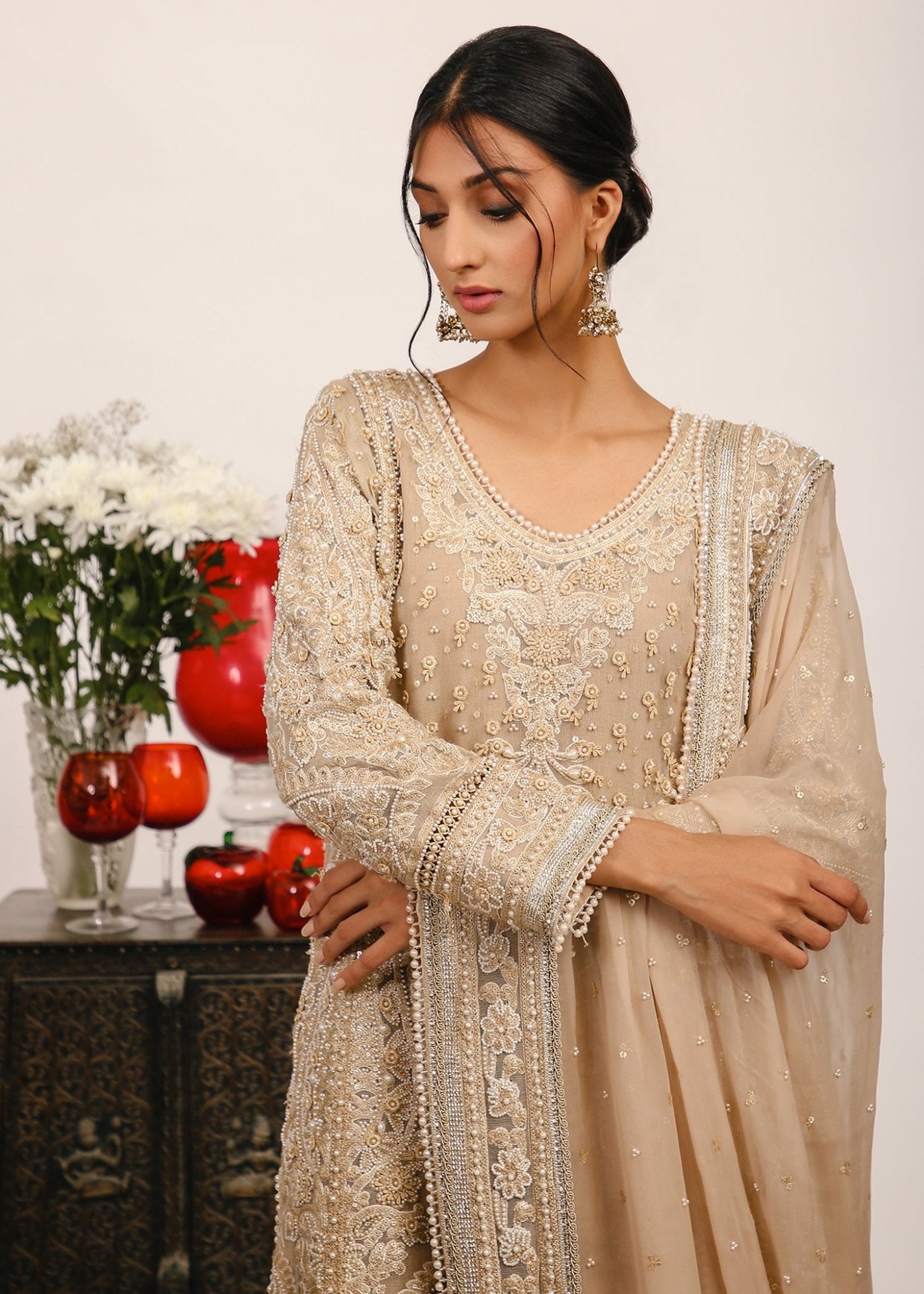 Beige Embroidered Zari Net & Georgette Kurta Set (3-Piece) - Image 2