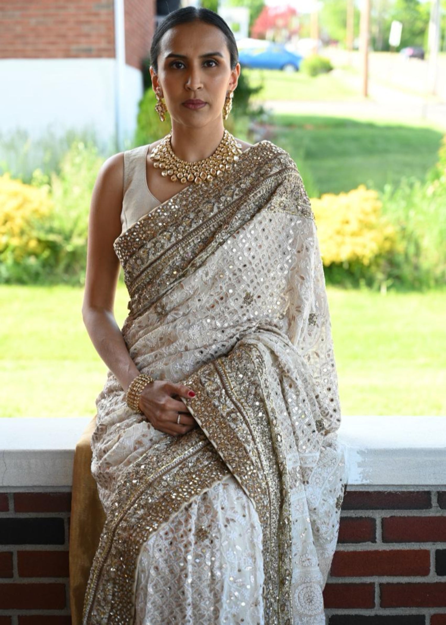 Indian Beige Chikankari Pure Chiffon Saree (2-Piece) - Image 1
