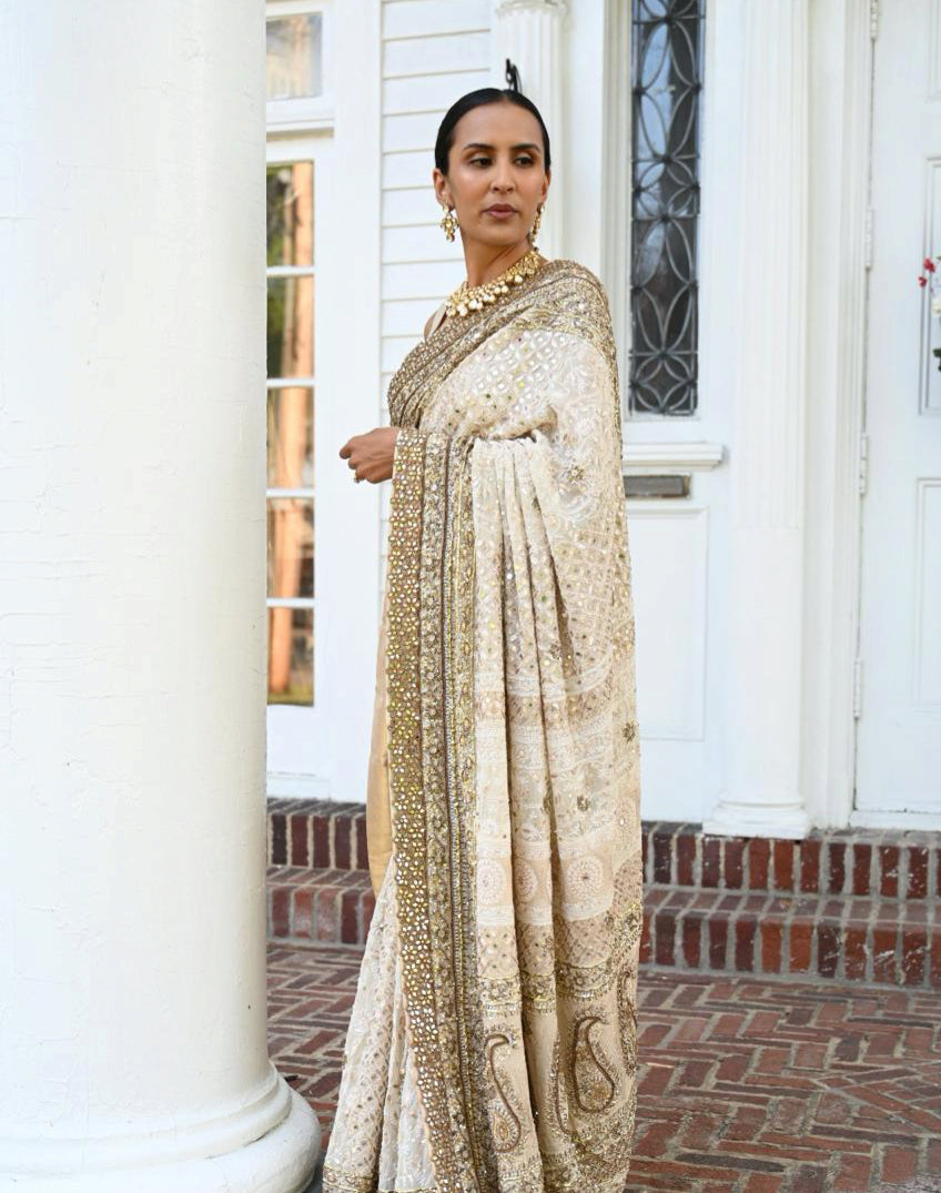 Indian Beige Chikankari Pure Chiffon Saree (2-Piece) - Image 2