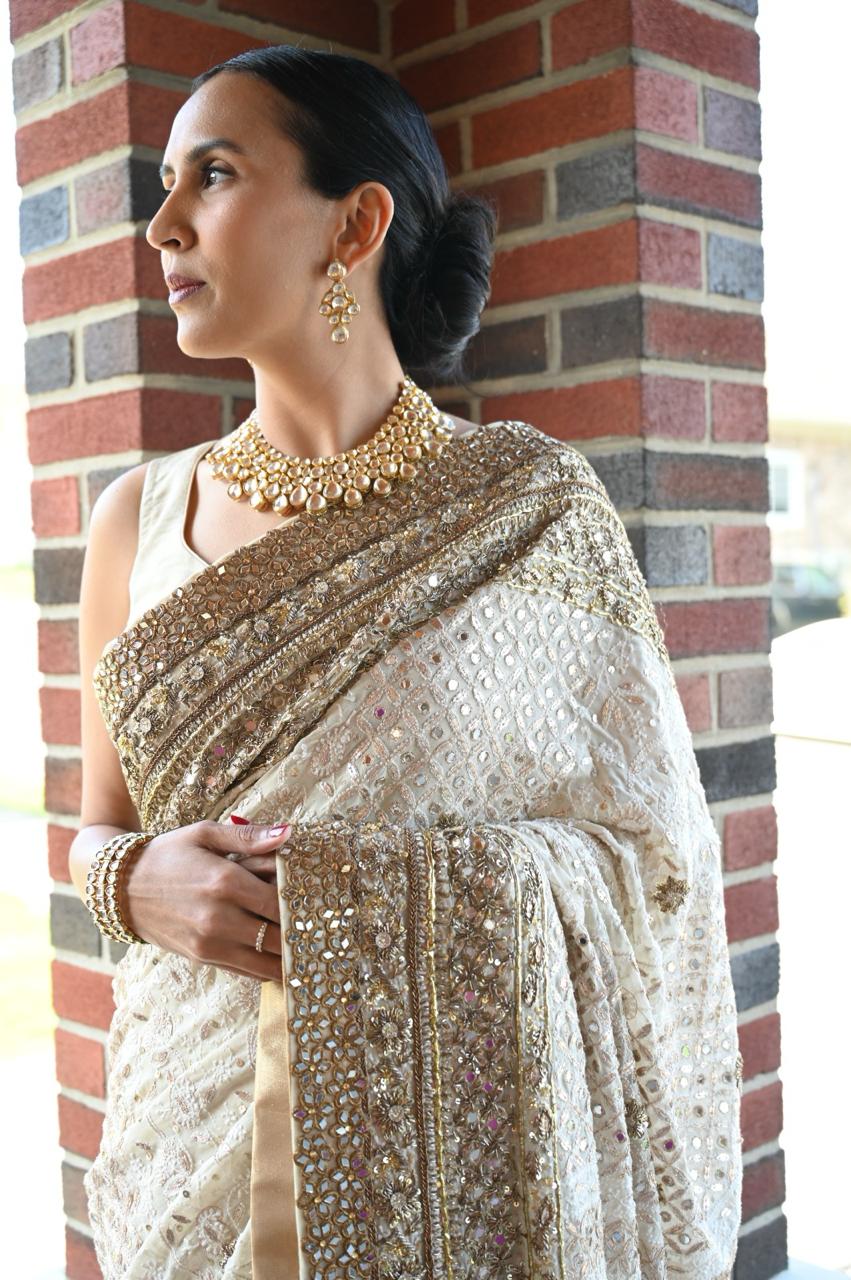Indian Beige Chikankari Pure Chiffon Saree (2-Piece) - Image 3