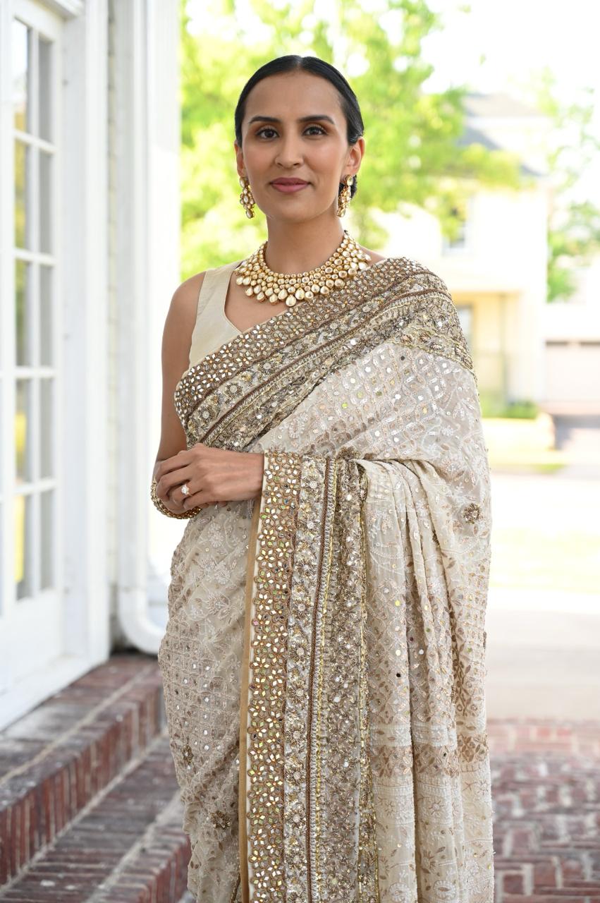 Indian Beige Chikankari Pure Chiffon Saree (2-Piece) - Image 4