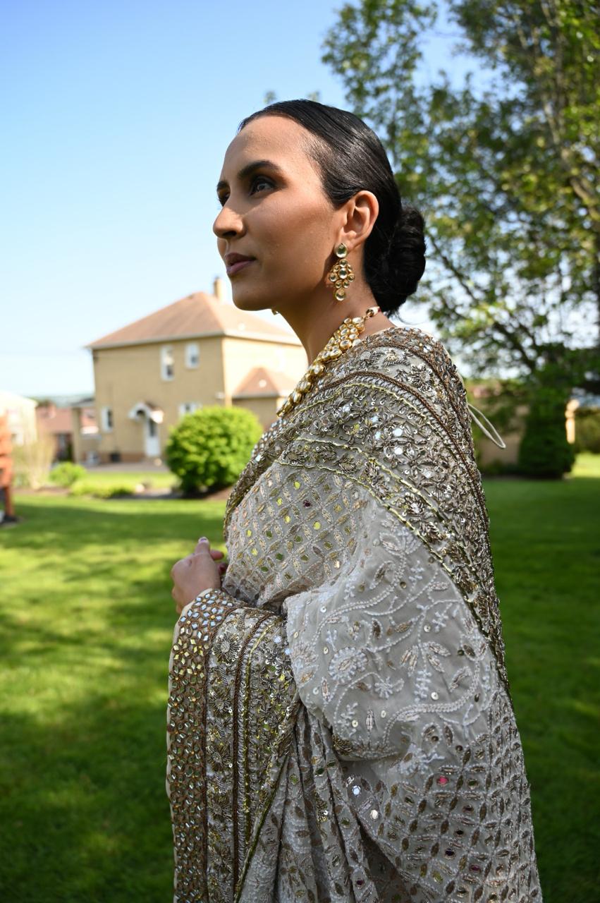 Indian Beige Chikankari Pure Chiffon Saree (2-Piece) - Image 5