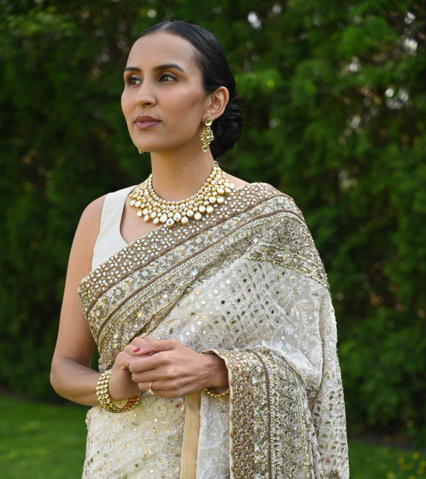 Indian Beige Chikankari Pure Chiffon Saree (2-Piece) - Image 6