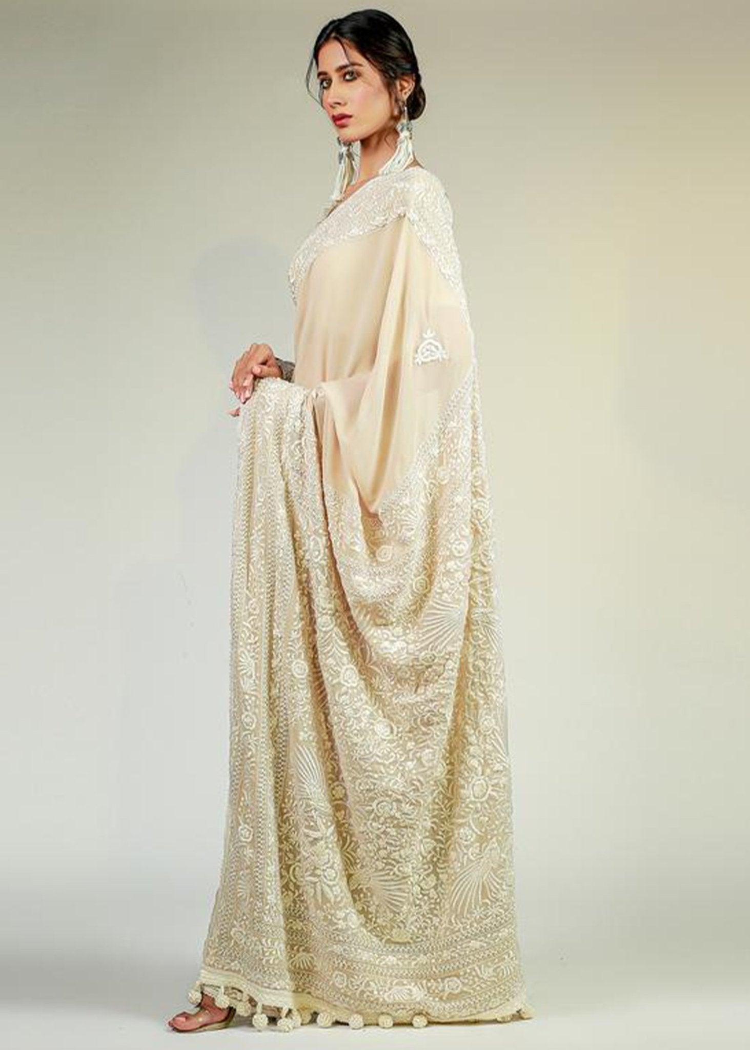Beige Gara Embroidered Chiffon Saree (3-Piece) - Image 2