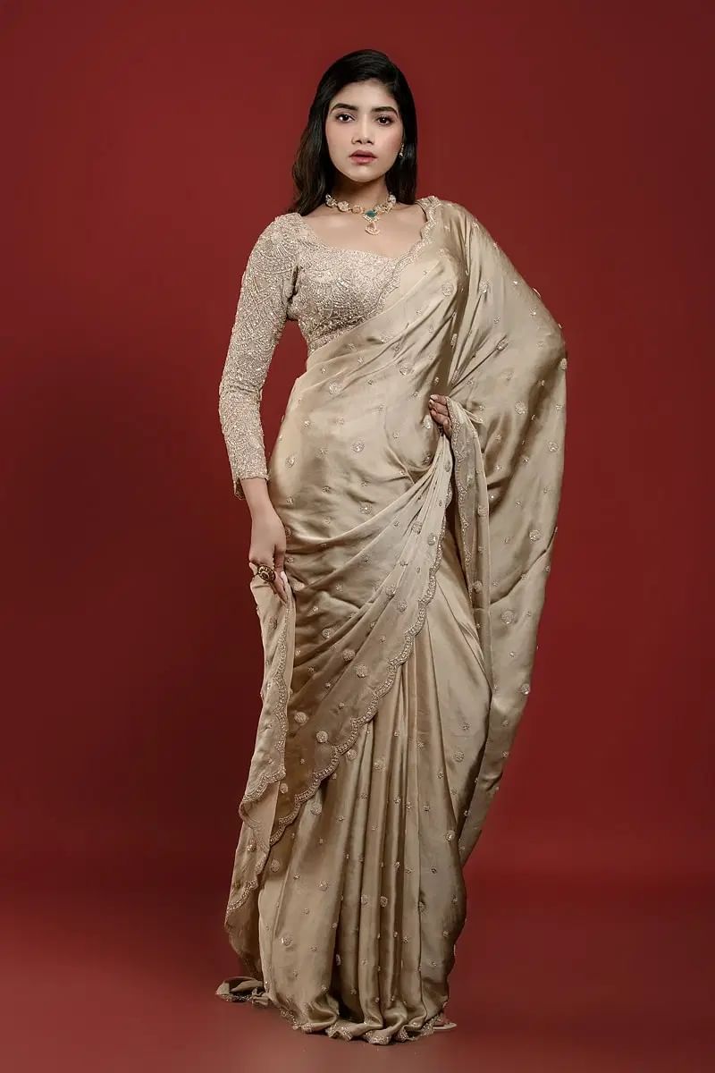 Indian Beige Sequin Embroidered Crepe Saree (2-Piece) - Image 1