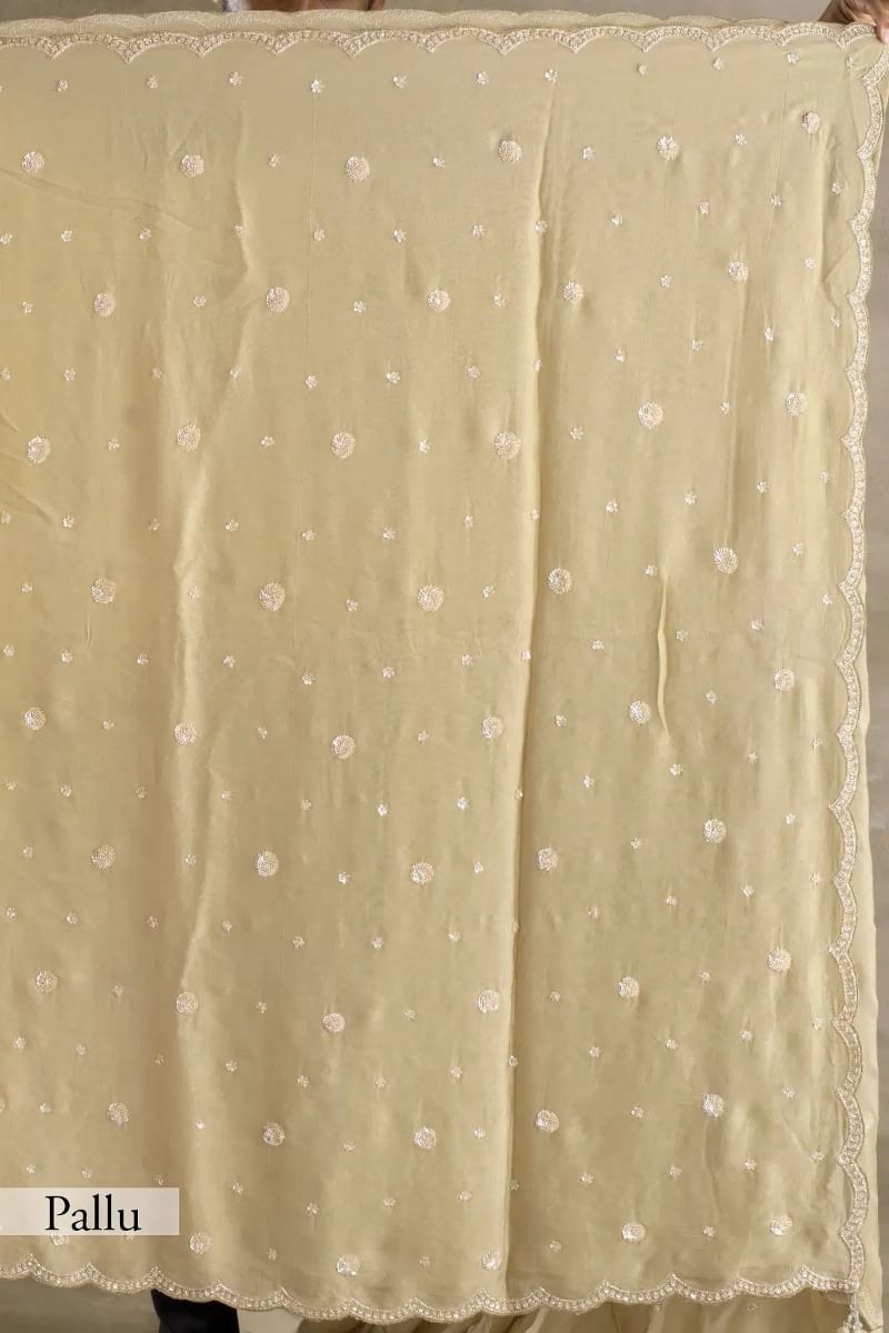 Indian Beige Sequin Embroidered Crepe Saree (2-Piece) - Image 10