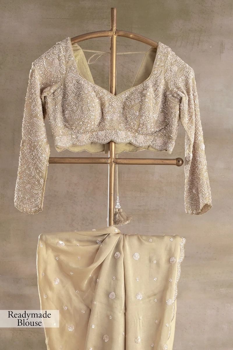 Indian Beige Sequin Embroidered Crepe Saree (2-Piece) - Image 11