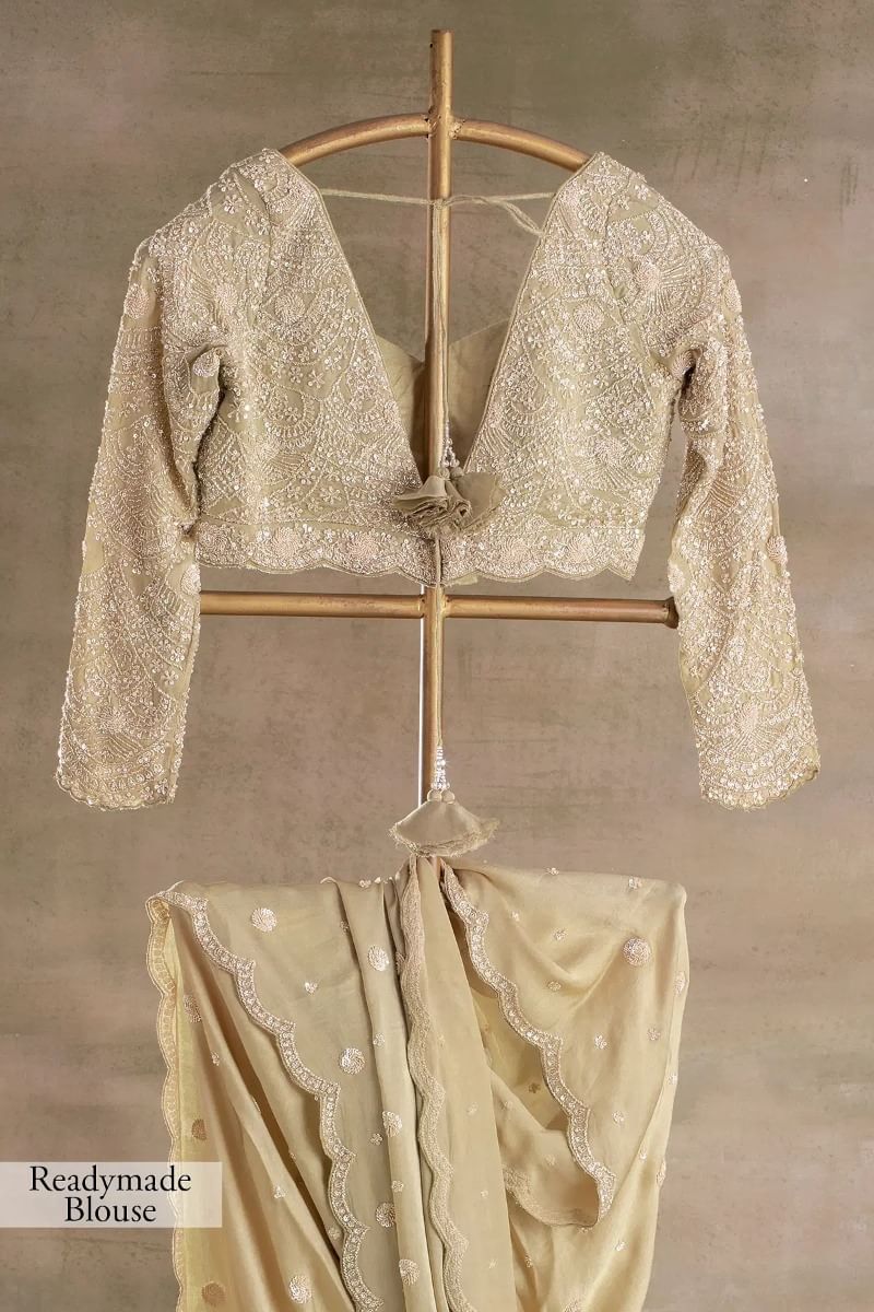 Indian Beige Sequin Embroidered Crepe Saree (2-Piece) - Image 12