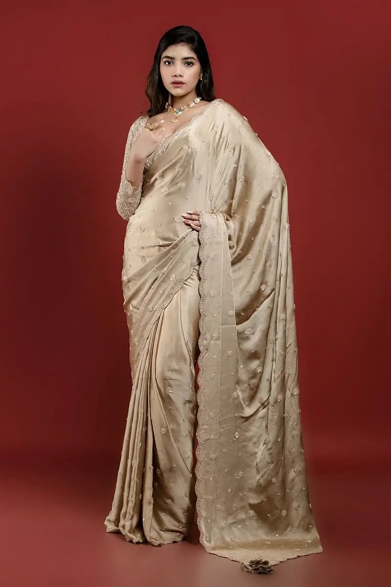 Indian Beige Sequin Embroidered Crepe Saree (2-Piece) - Image 3
