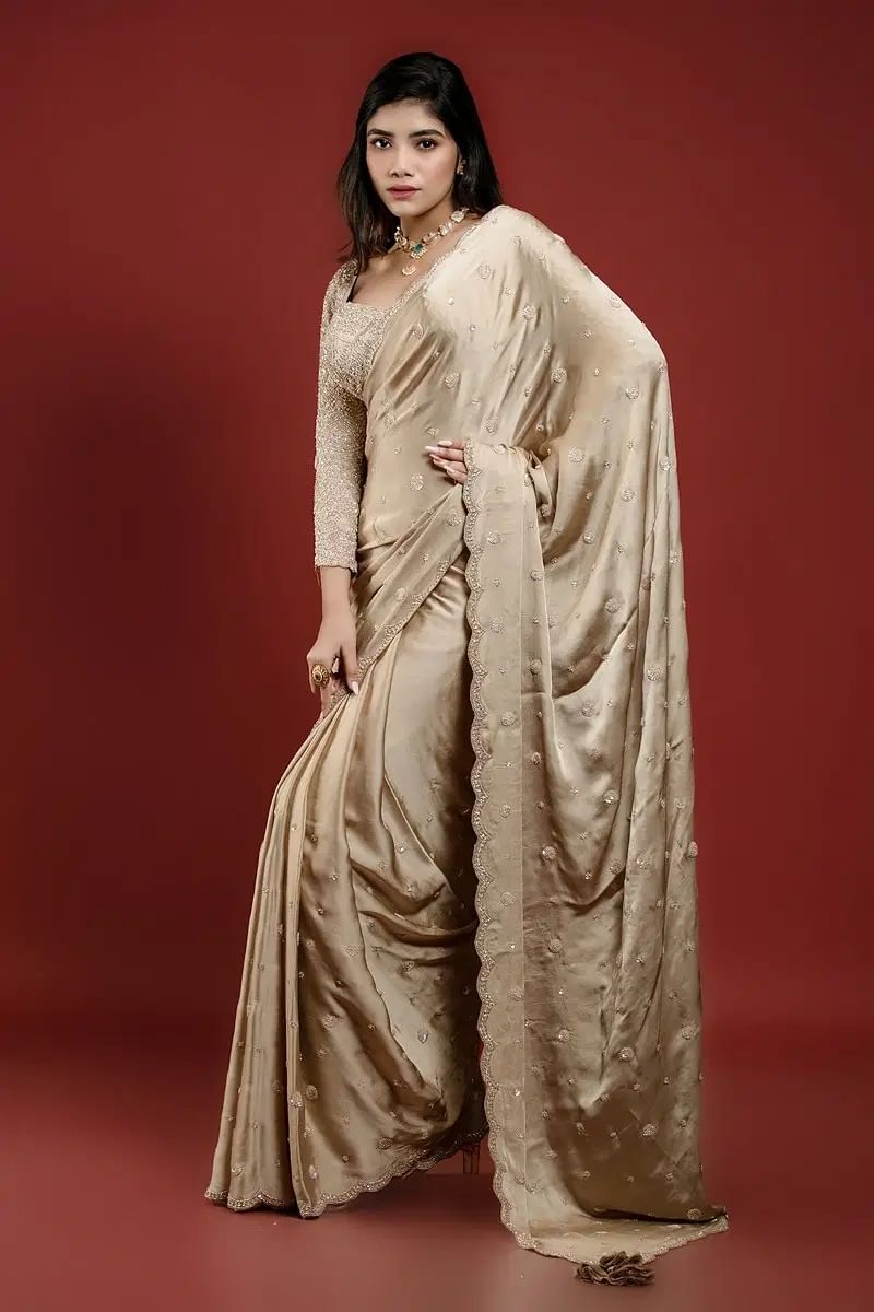 Indian Beige Sequin Embroidered Crepe Saree (2-Piece) - Image 4