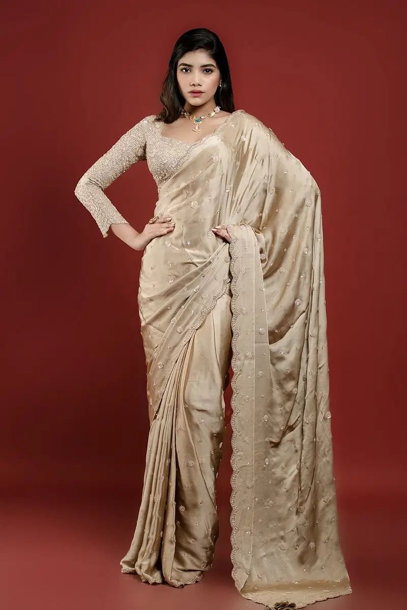 Indian Beige Sequin Embroidered Crepe Saree (2-Piece) - Image 5