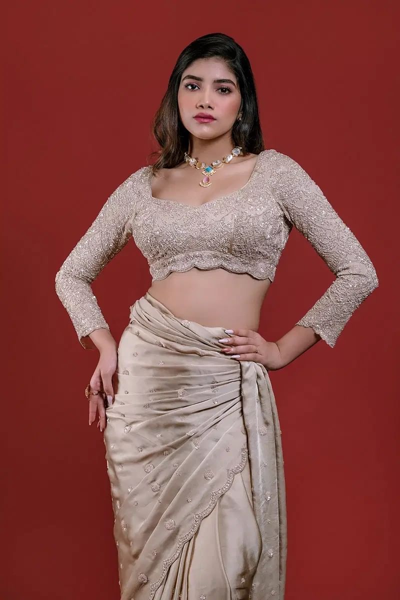 Indian Beige Sequin Embroidered Crepe Saree (2-Piece) - Image 6