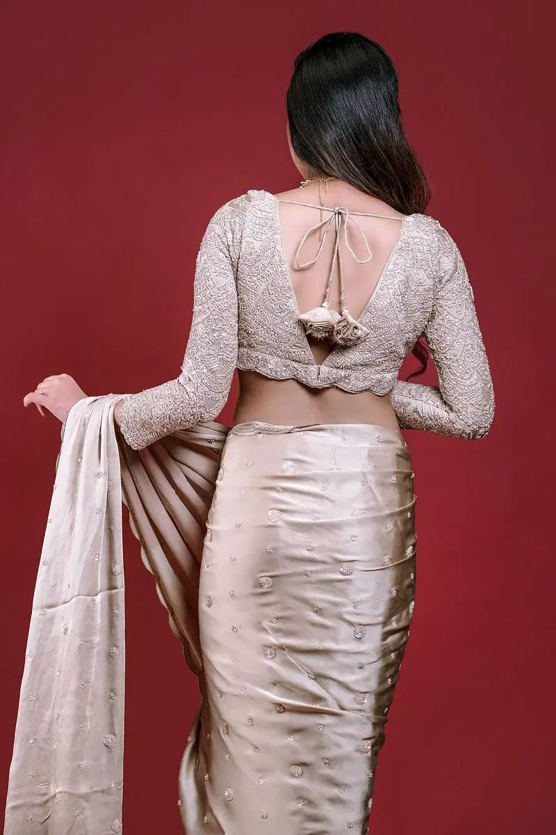 Indian Beige Sequin Embroidered Crepe Saree (2-Piece) - Image 7