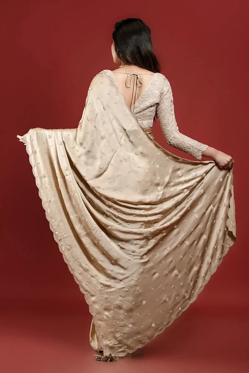 Indian Beige Sequin Embroidered Crepe Saree (2-Piece) - Image 8