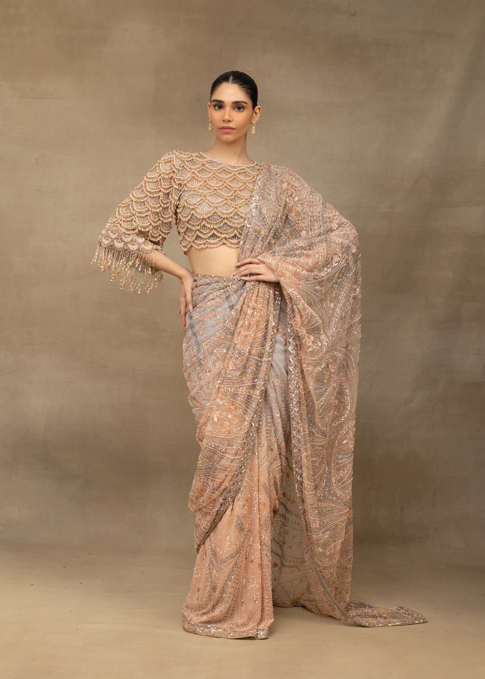 Beige & Grey Ombre Embroidered Georgette Saree (2-Piece) - Image 1