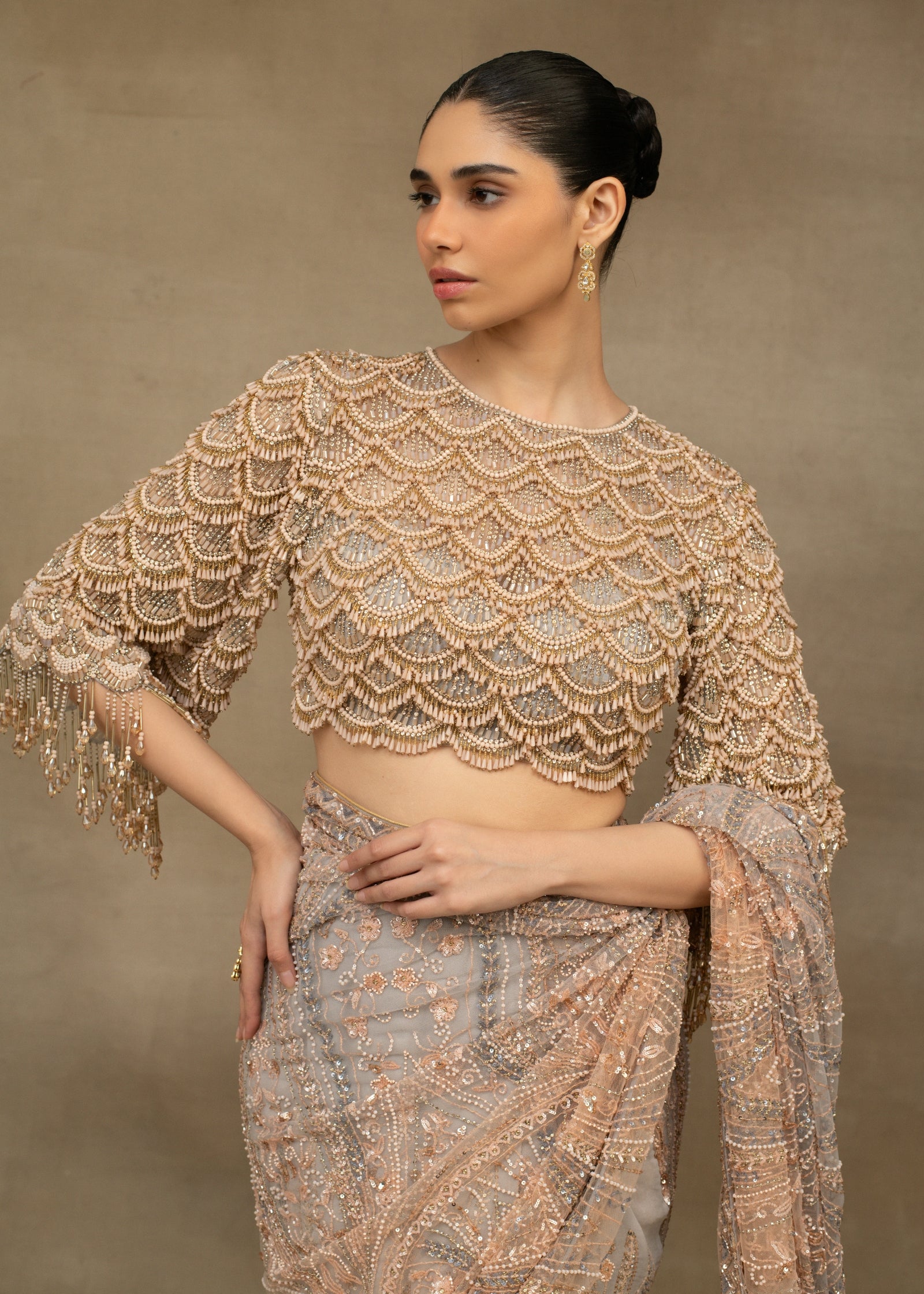 Beige & Grey Ombre Embroidered Georgette Saree (2-Piece) - Image 4
