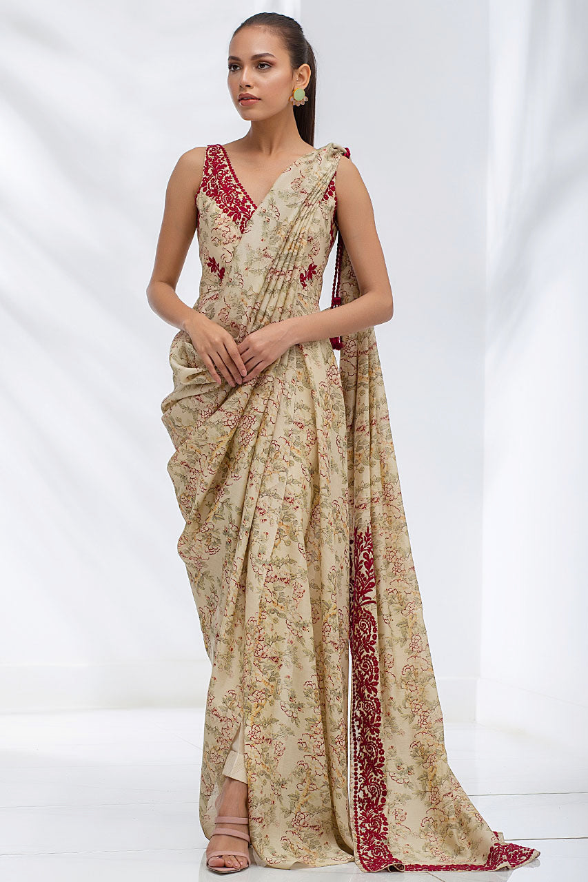 Pakistani Sand Aari Embroidered Khaddi Silk Draped Sari (2-Piece) - Image 1