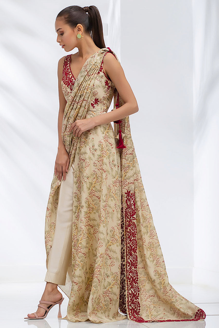 Pakistani Sand Aari Embroidered Khaddi Silk Draped Sari (2-Piece) - Image 2