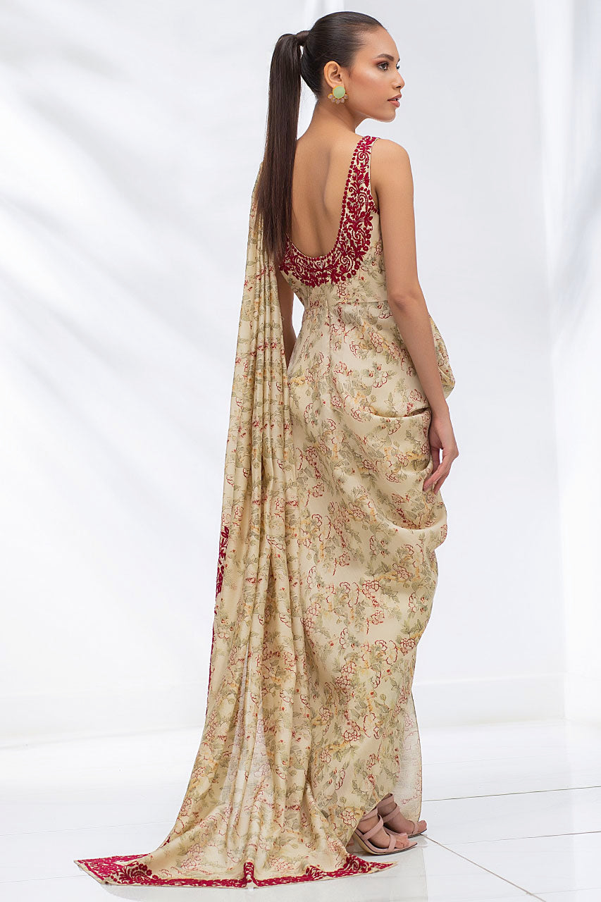 Pakistani Sand Aari Embroidered Khaddi Silk Draped Sari (2-Piece) - Image 3