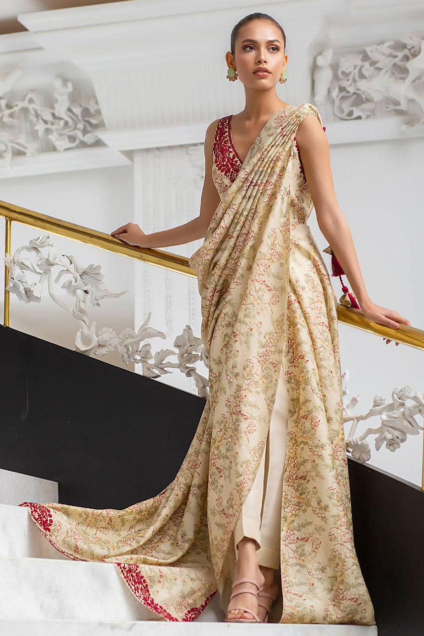 Pakistani Sand Aari Embroidered Khaddi Silk Draped Sari (2-Piece) - Image 5