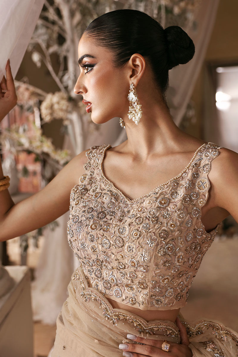 Beige Embroidered Net Saree with Dabka Beadwork (2-Piece) - Image 3