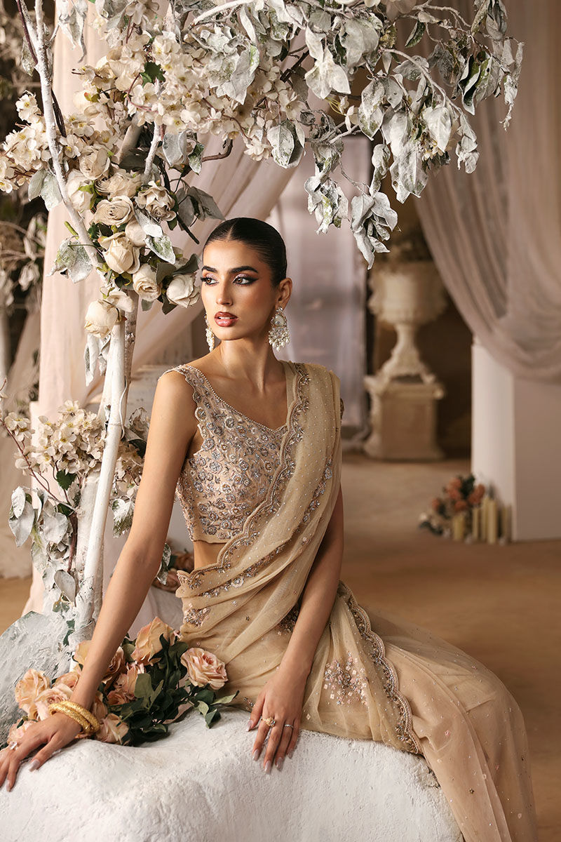 Beige Embroidered Net Saree with Dabka Beadwork (2-Piece) - Image 4