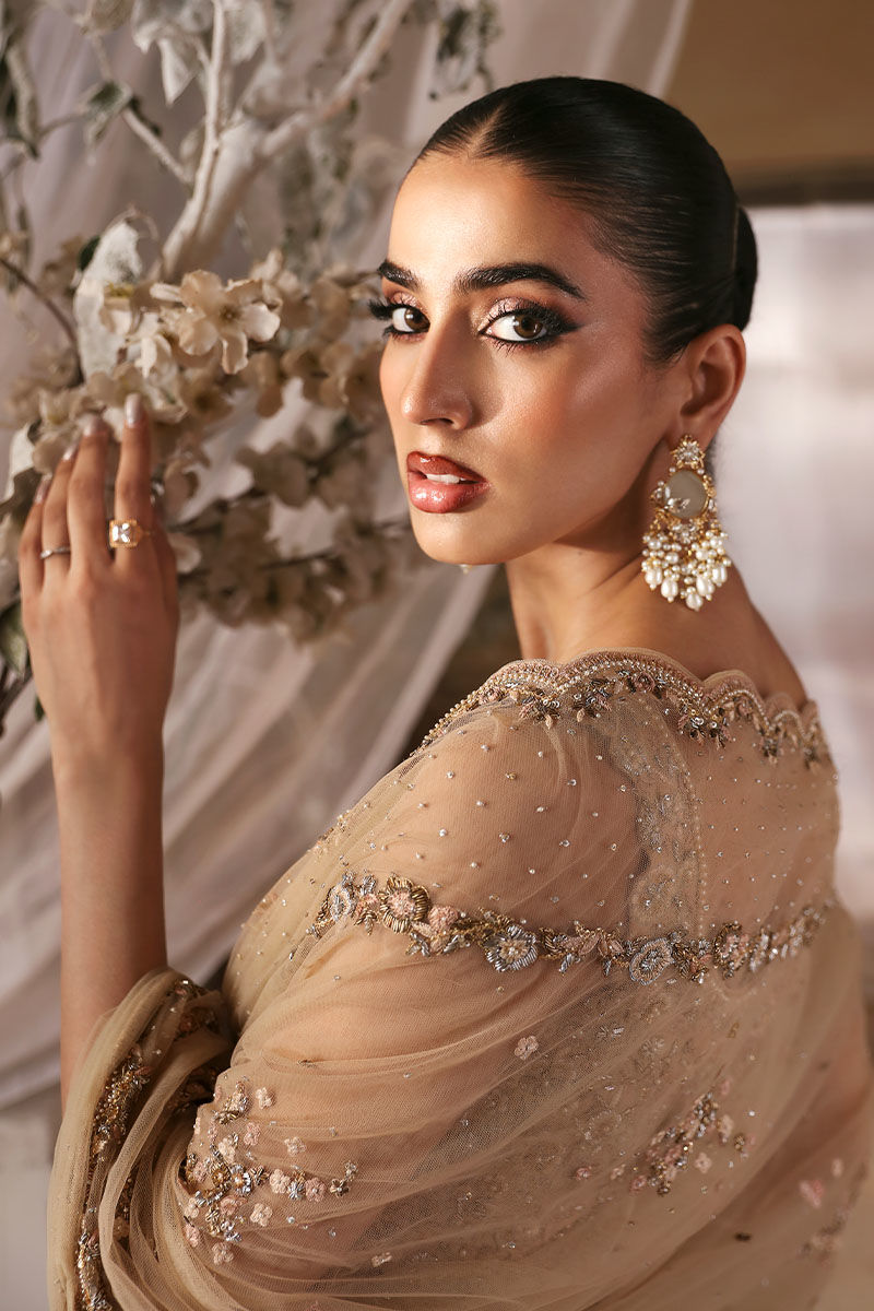 Beige Embroidered Net Saree with Dabka Beadwork (2-Piece) - Image 5