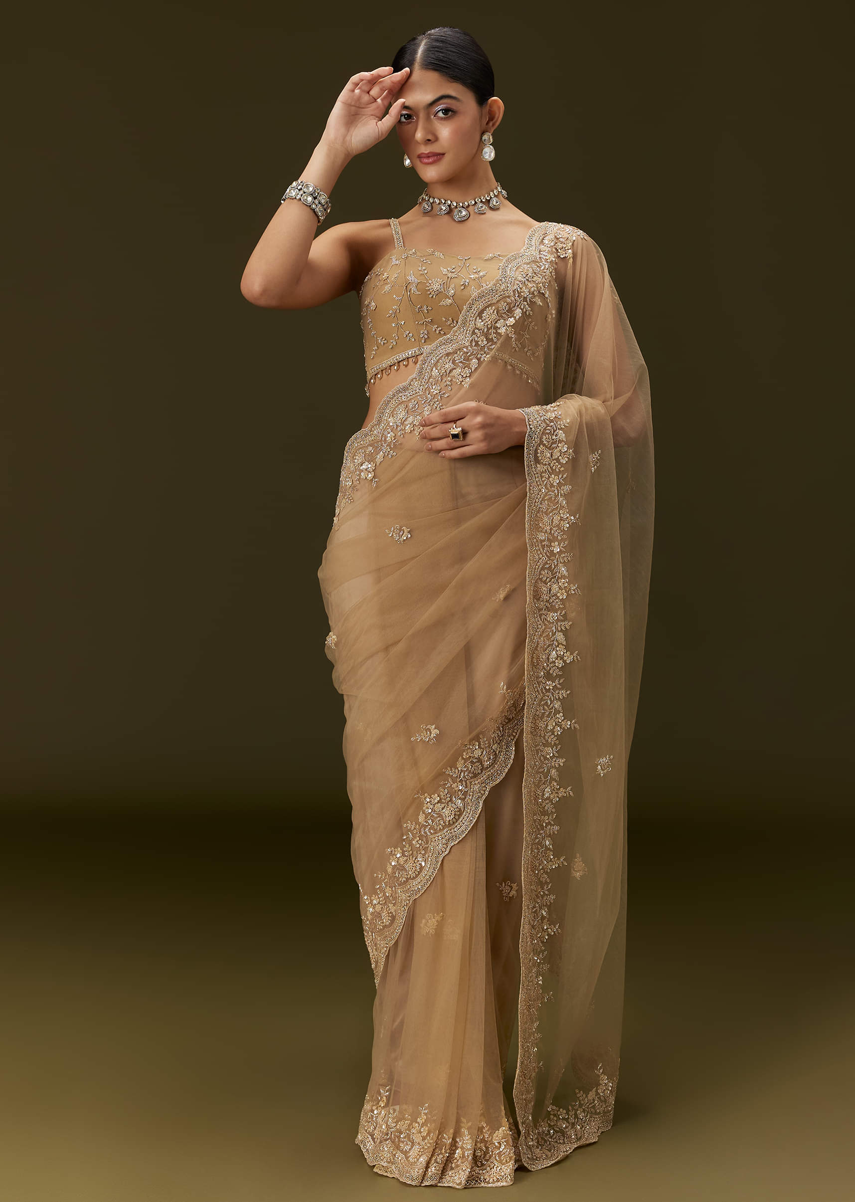 Beige Embroidered Net Saree (2-Piece) - Image 1
