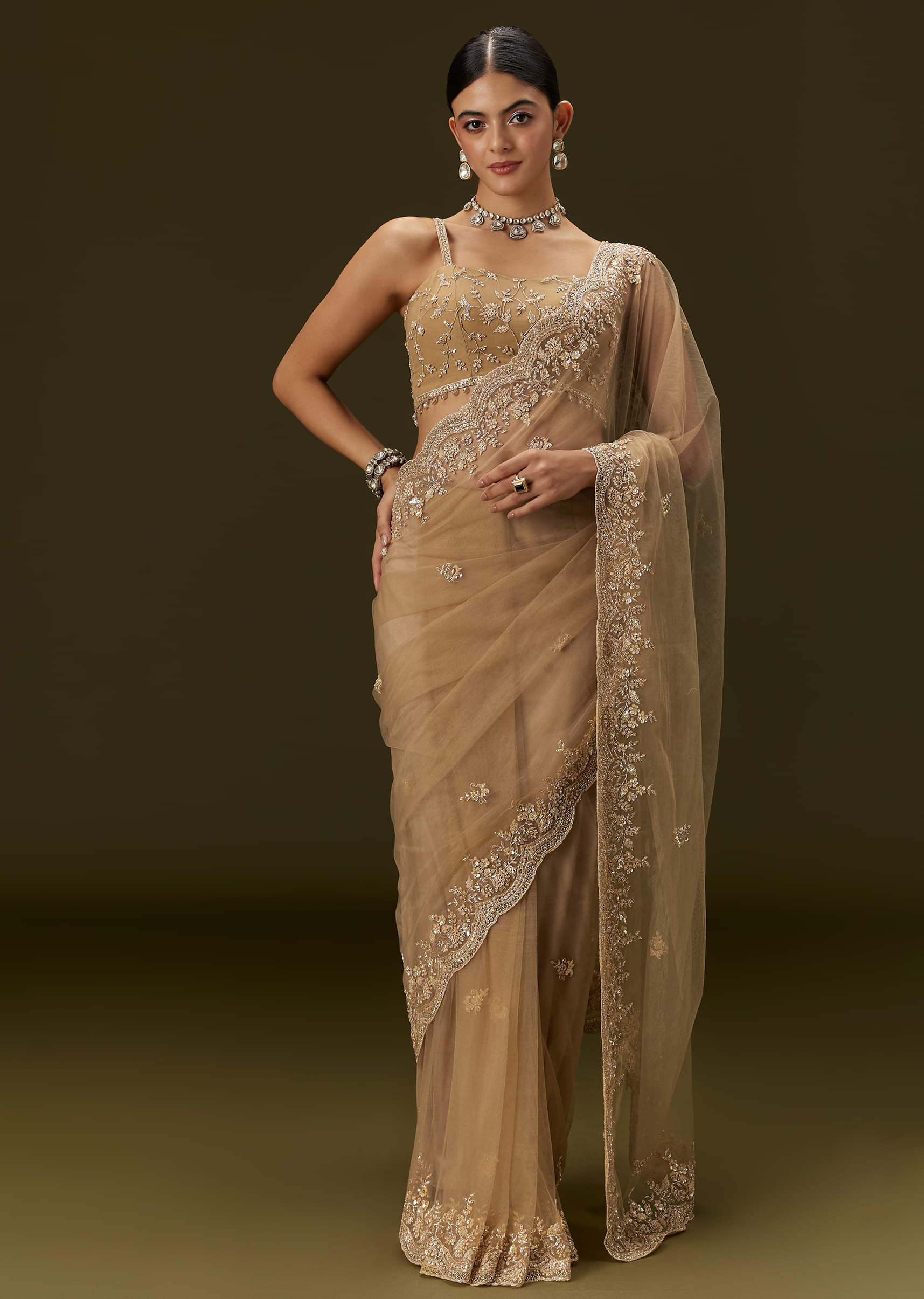 Beige Embroidered Net Saree (2-Piece) - Image 2
