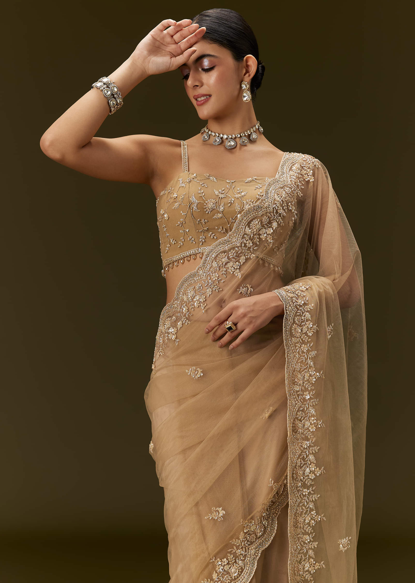 Beige Embroidered Net Saree (2-Piece) - Image 4