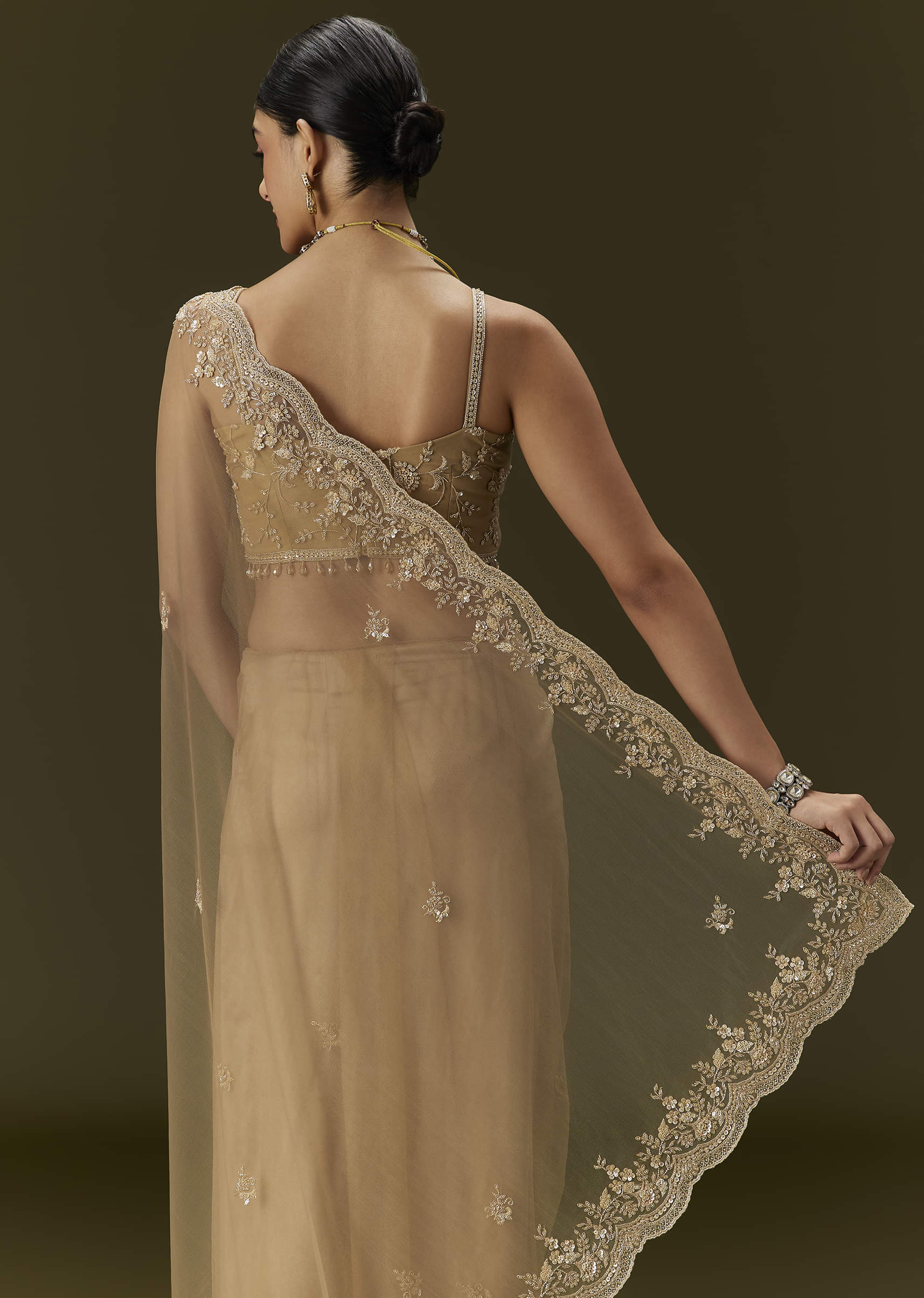 Beige Embroidered Net Saree (2-Piece) - Image 5