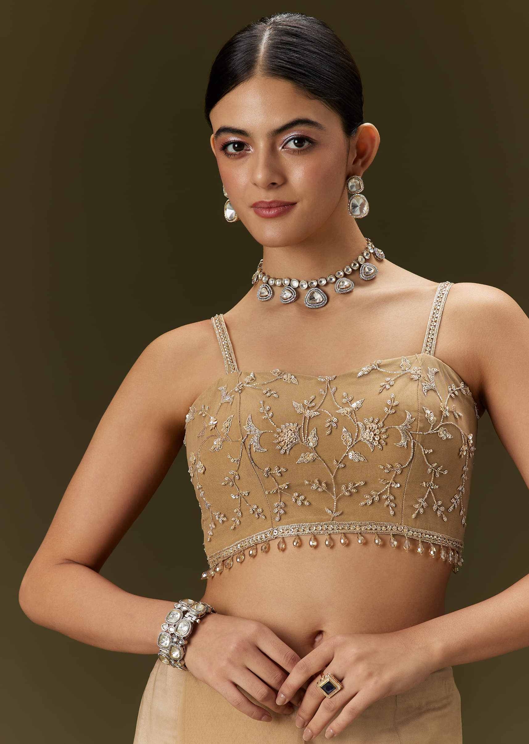 Beige Embroidered Net Saree (2-Piece) - Image 6