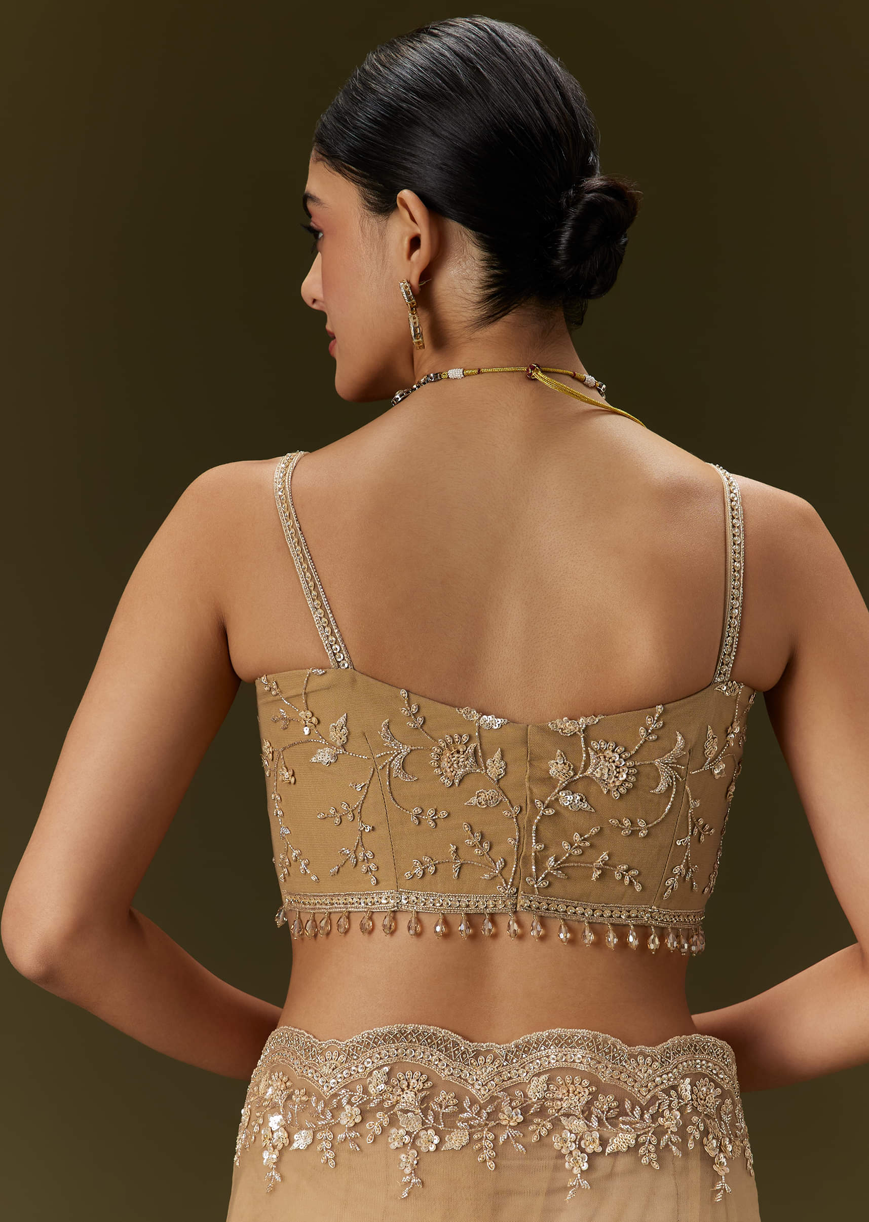 Beige Embroidered Net Saree (2-Piece) - Image 7