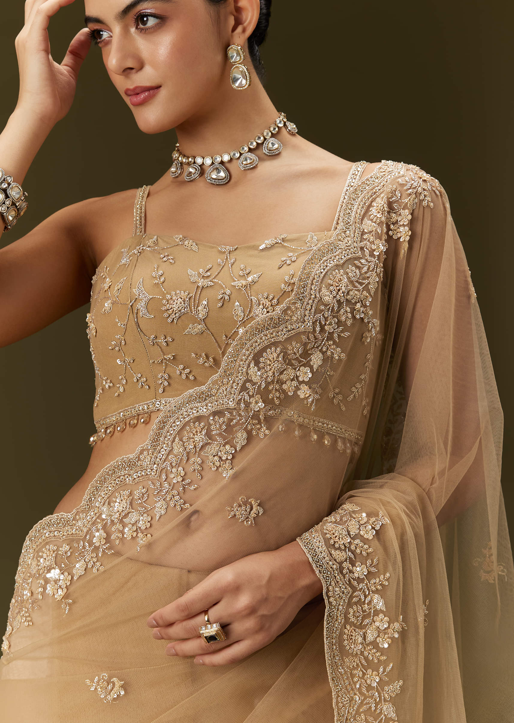 Beige Embroidered Net Saree (2-Piece) - Image 9