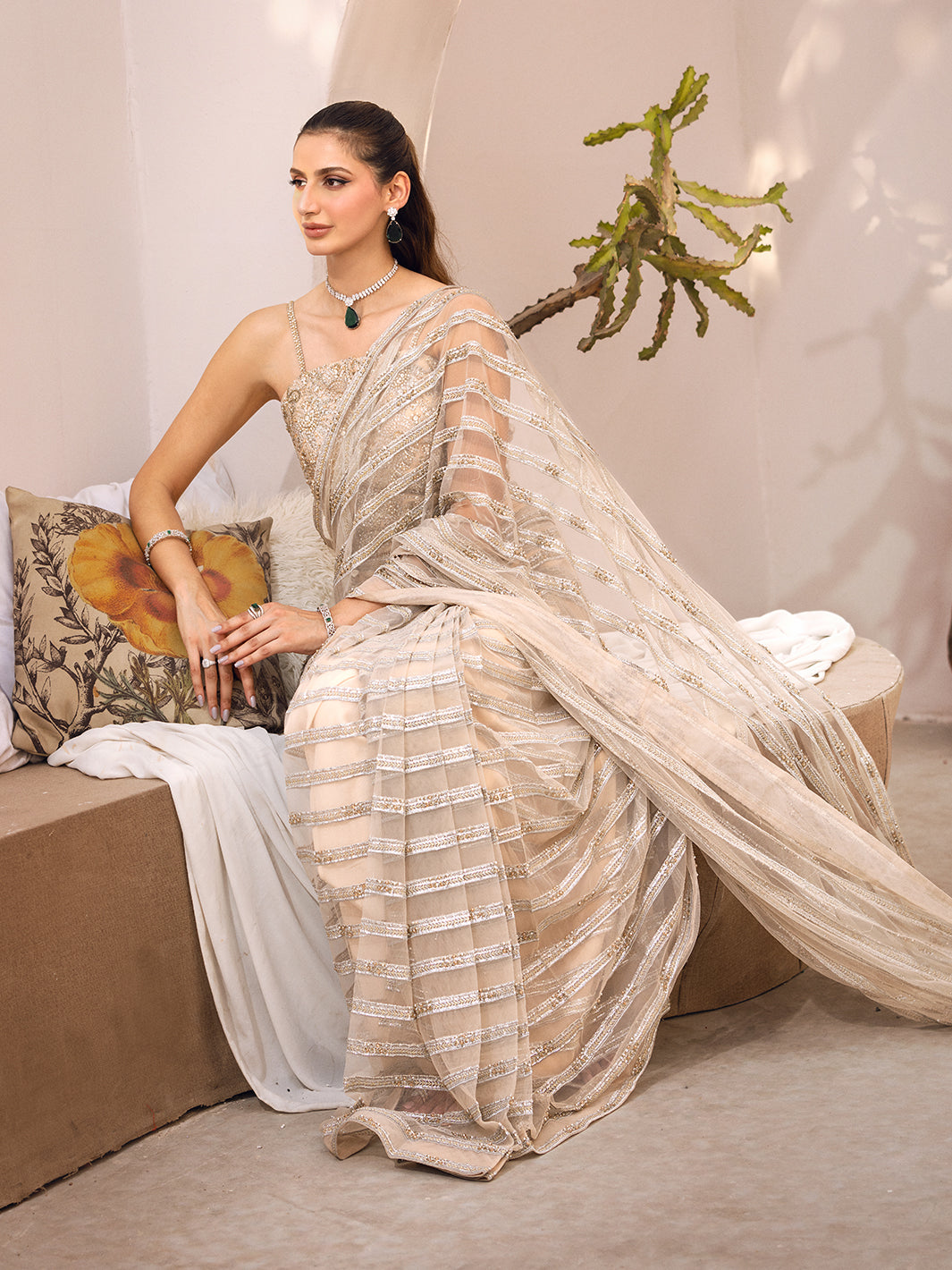 Beige Silver Hand-Embellished Net Saree (2-Piece) - Image 11