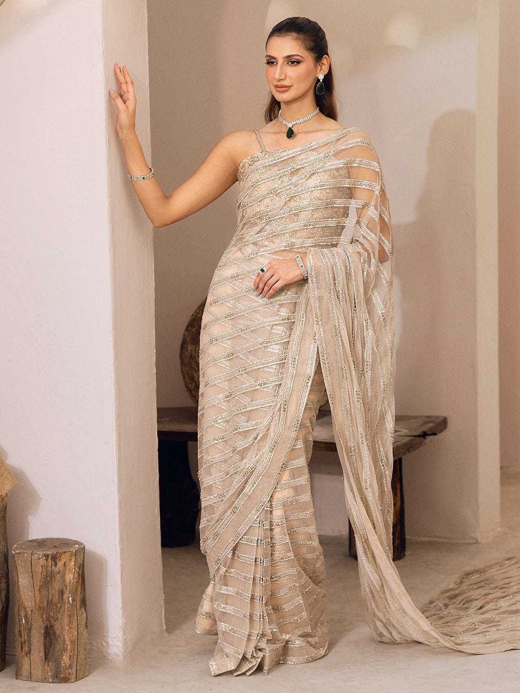 Beige Silver Hand-Embellished Net Saree (2-Piece) - Image 2