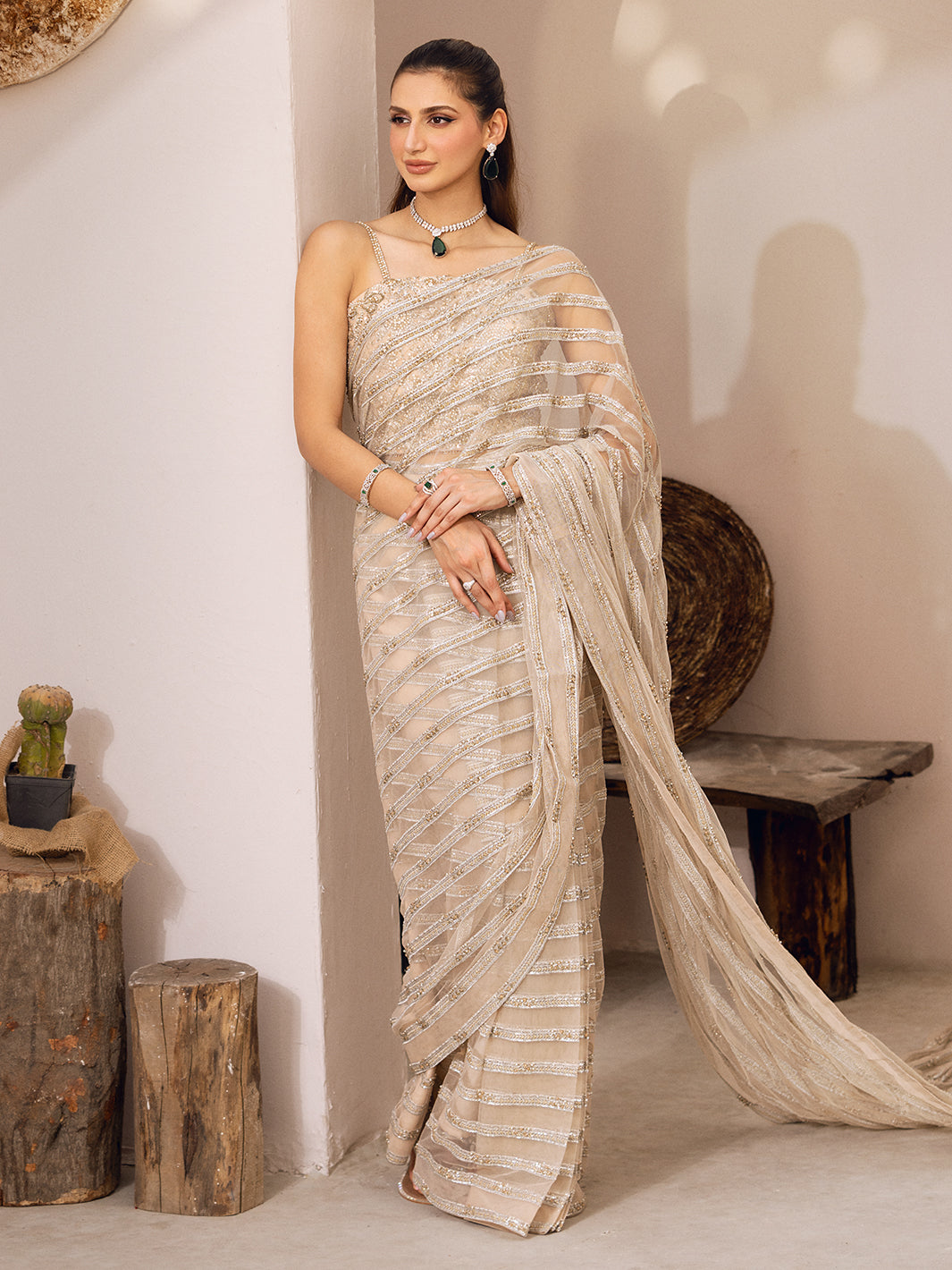 Beige Silver Hand-Embellished Net Saree (2-Piece) - Image 4