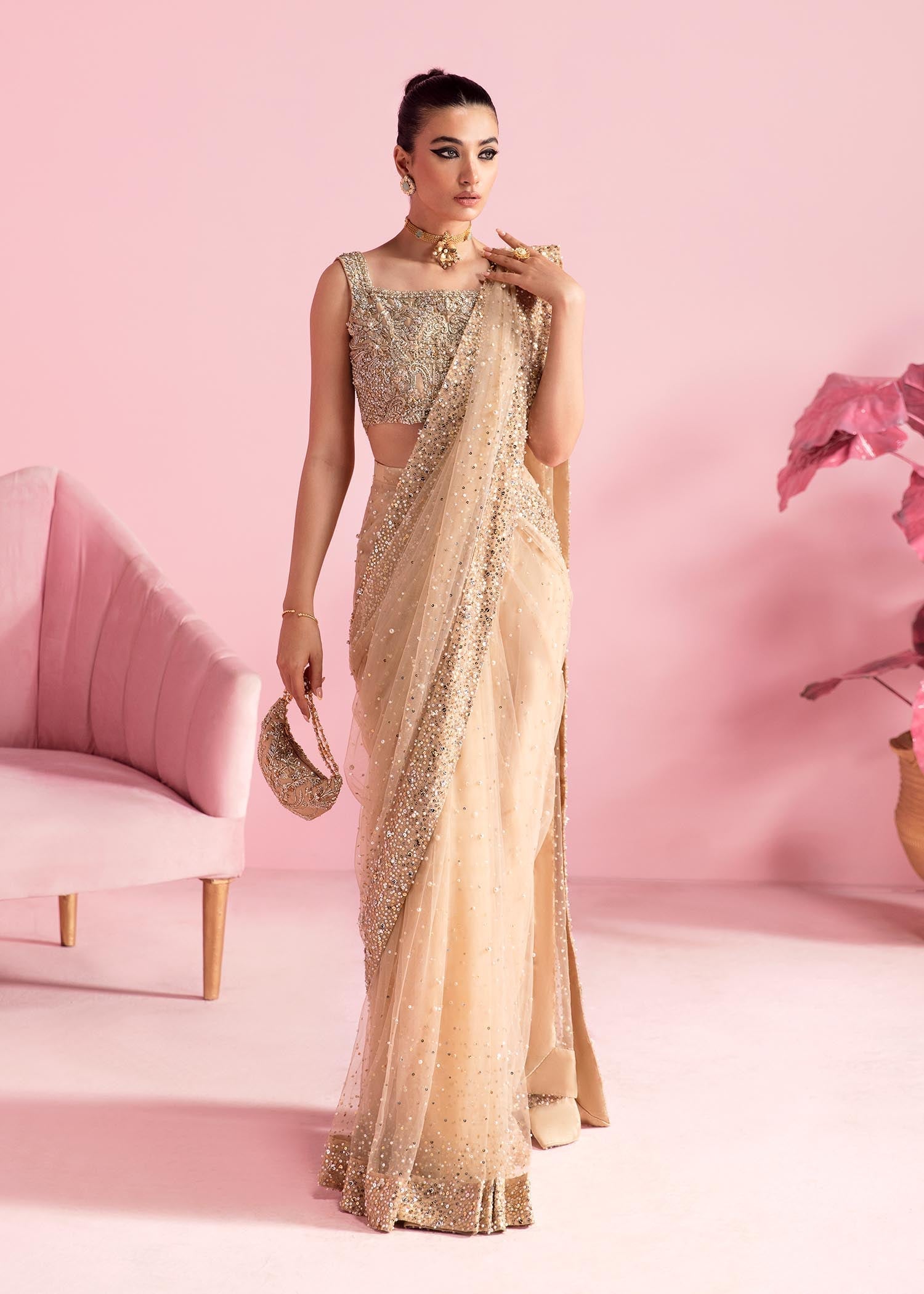 Indian Nude Pearl Sequin Net Saree with Raw Silk Blouse (3-Piece) - Image 1