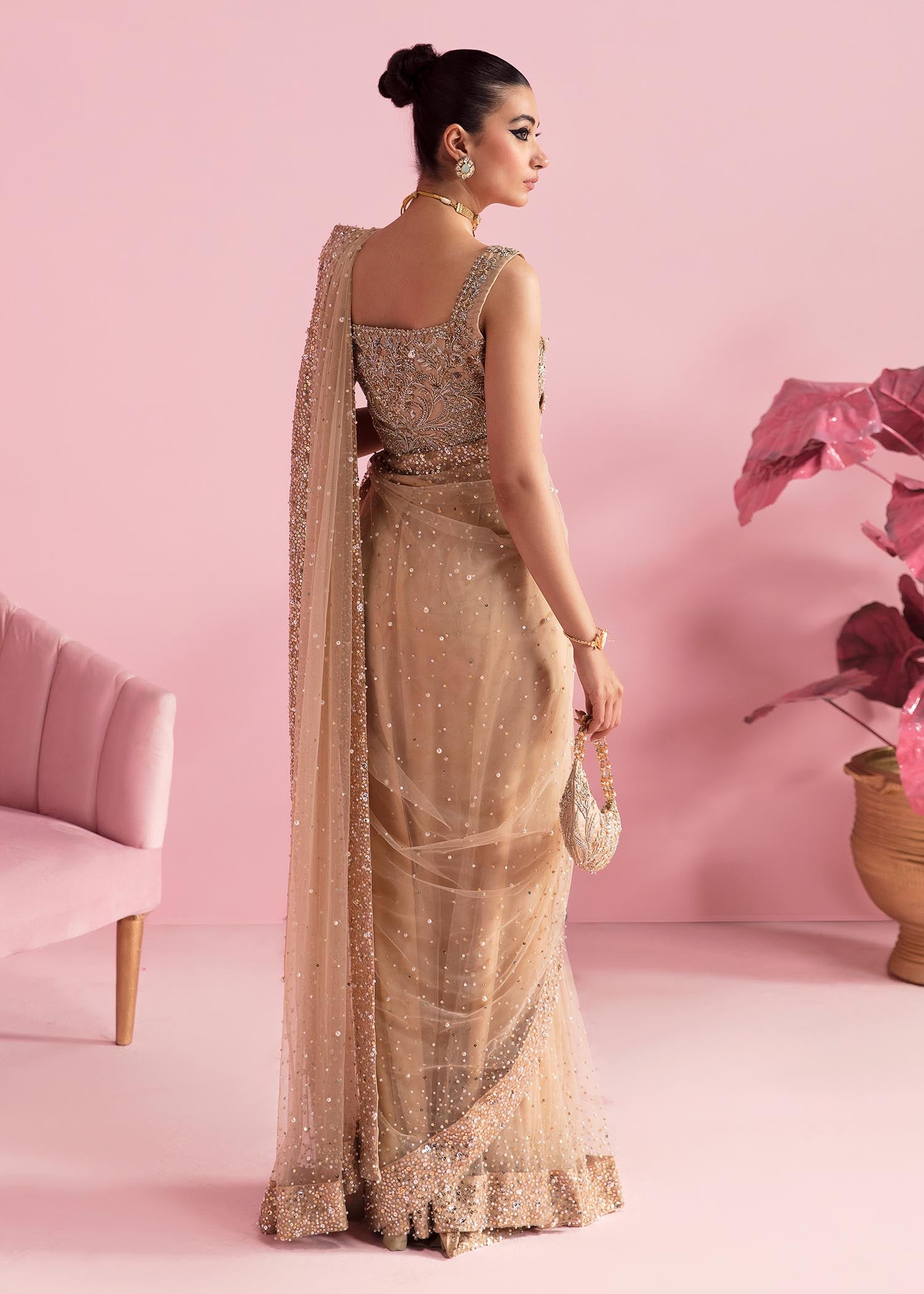 Indian Nude Pearl Sequin Net Saree with Raw Silk Blouse (3-Piece) - Image 3