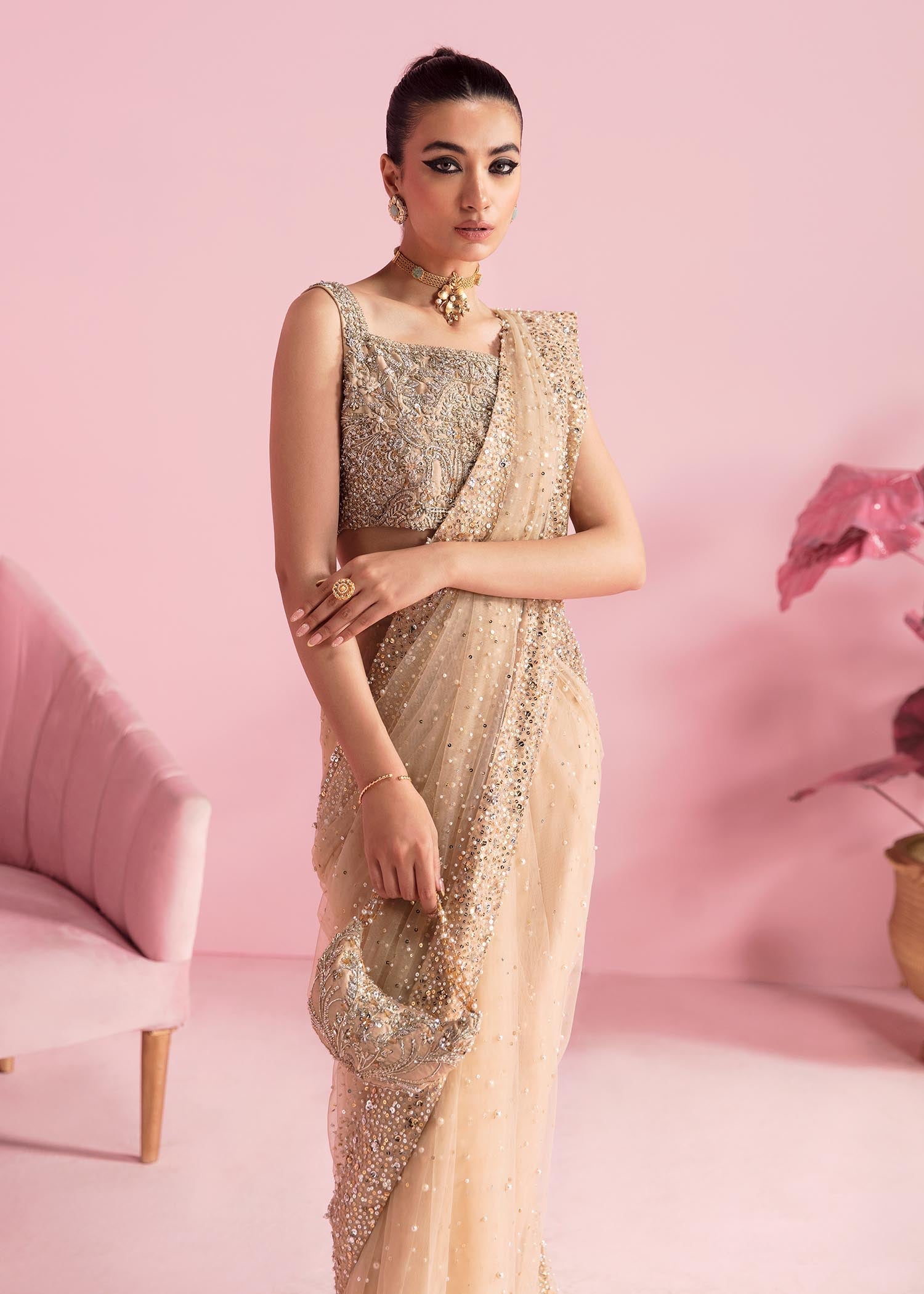 Indian Nude Pearl Sequin Net Saree with Raw Silk Blouse (3-Piece) - Image 6