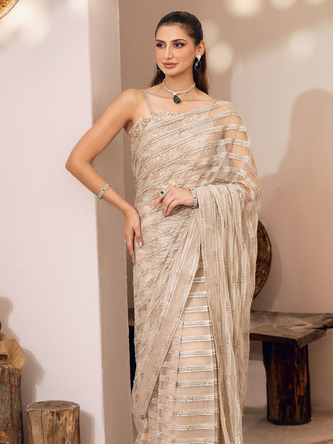 Beige & Silver Hand-Embellished Net Saree (2-Piece) - Image 10