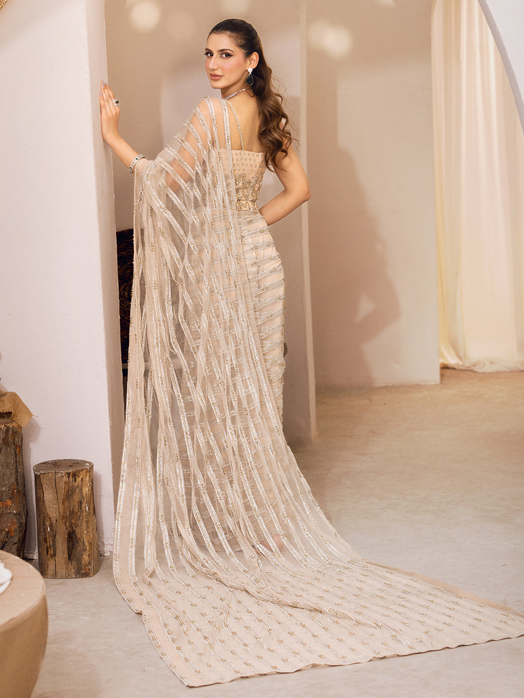 Beige & Silver Hand-Embellished Net Saree (2-Piece) - Image 13